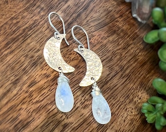 Hand cut and textured Sterling Silver crescent Moons. With Moonstone drops wrapped in sterling silver. Earrings handmade with love