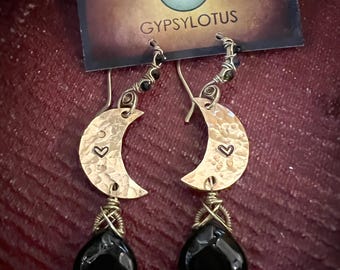 MADE TO ORDER Love you to the Moon earrings. Brass moons and black Onyx drops. Hand formed brass ear wires w/ tiny black Tourmaline wrapped