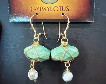 Jasper and Moss Agate wire wrapped in Brass on 14k Gold filled ear wires. Earrings handmade with love by Gypsy Lotus