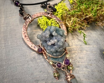 Grape Agate wire wrapped in Copper with peridot and amethyst. Moon phase stamped copper circle pendant. Leather necklace made with love