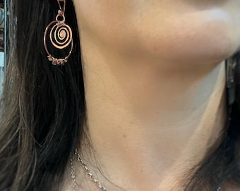 MADE TO ORDER Hammered Copper Spiral Earrings with Amethyst and Peridot Gemstones