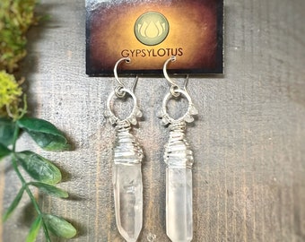 Large Quartz points in sterling silver w/ Moonstone wire wrapped in circles. Earrings handmade with love by Gypsy Lotus