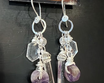 MADE TO ORDER Amethyst and Quartz wire wrapped on sterling silver. Silver earrings handmade by me