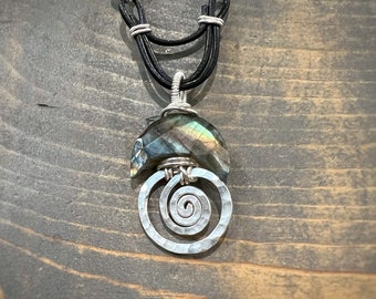 Labradorite crescent moon with sterling silver spiral. Leather cording with labradorite linked in. Necklace handmade w/ love by Gypsy Lotus