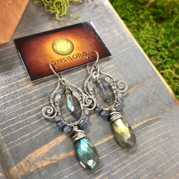 Labradorite wire wrapped on antiqued sterling silver with blue Kyanite & Tanzanite. Earrings handmade with love by Gypsy Lotus