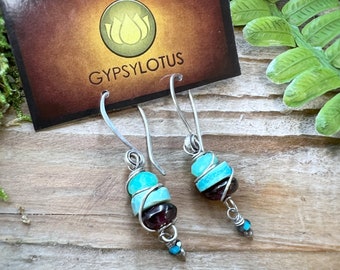 Turquoise, Chrysoprase, and Garnet wire wrapped in darkened sterling silver on long ear wires. Earrings handmade with love by Gypsy Lotus