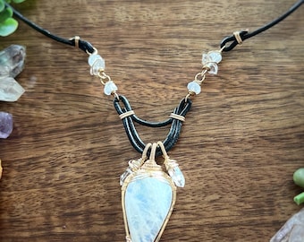 Wire Wrapped Rainbow Moonstone Pendant Necklace with Herkimer Diamonds, Black Leather Cord