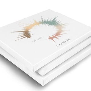 May include: Three white canvas prints stacked on top of each other. Each print features a colorful sound wave design with the words "Calm Morning" and "Life in Deck". The sound wave design has shades of gold, green, and peach.