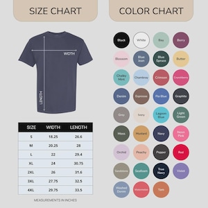 May include: A navy blue t-shirt with a size chart and color chart. The size chart shows measurements in inches, with the width ranging from 18.25 to 29.75 inches and the length from 26.6 to 33.5 inches. The color chart displays various colors.