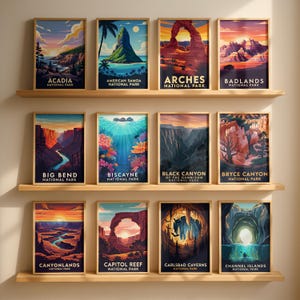 Op de afbeelding: Een verzameling ingelijste kunstprints met landschappen van nationale parken. Elke print toont een ander park, waaronder Acadia, Arches en Badlands, met levendige kleuren en gedetailleerde illustraties. De prints worden op houten planken gepresenteerd.
