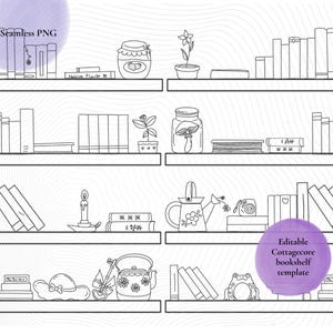May include: Black and white line art illustration of a bookshelf with various cottagecore elements. The shelves are filled with books, potted plants, a jar with a mushroom, a teapot, a watering can, and a frog figurine. Text in the image reads "Seamless PNG" and "Editable Cottagecore bookshelf template."