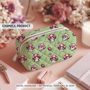 May include: A light green quilted cosmetic bag with a repeating pattern of cartoon mushrooms with red caps and smiling faces. The bag has a silver zipper and the text "EXAMPLE PRODUCT" is visible.