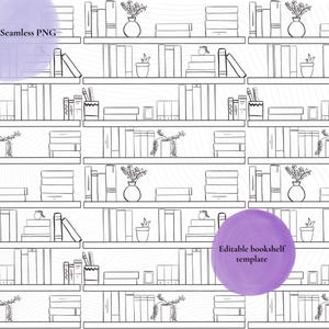 Pode incluir: Padrão sem costura em preto e branco com estantes desenhadas à mão, cheias de livros, plantas e objetos decorativos. O texto "Seamless PNG" e "Editable bookshelf template" são visíveis.