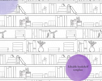 Puede incluir: Patrón sin costuras en blanco y negro con estanterías dibujadas a mano, llenas de libros, plantas y objetos decorativos. El texto "Seamless PNG" y "Editable bookshelf template" es visible.