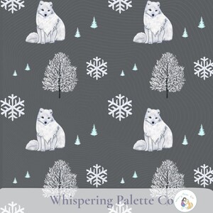 May include: A repeating pattern on a gray background featuring white arctic foxes, snowflakes, and stylized trees. The design includes small light blue trees and white snowflakes. The text "Whispering Palette Co" is at the bottom.