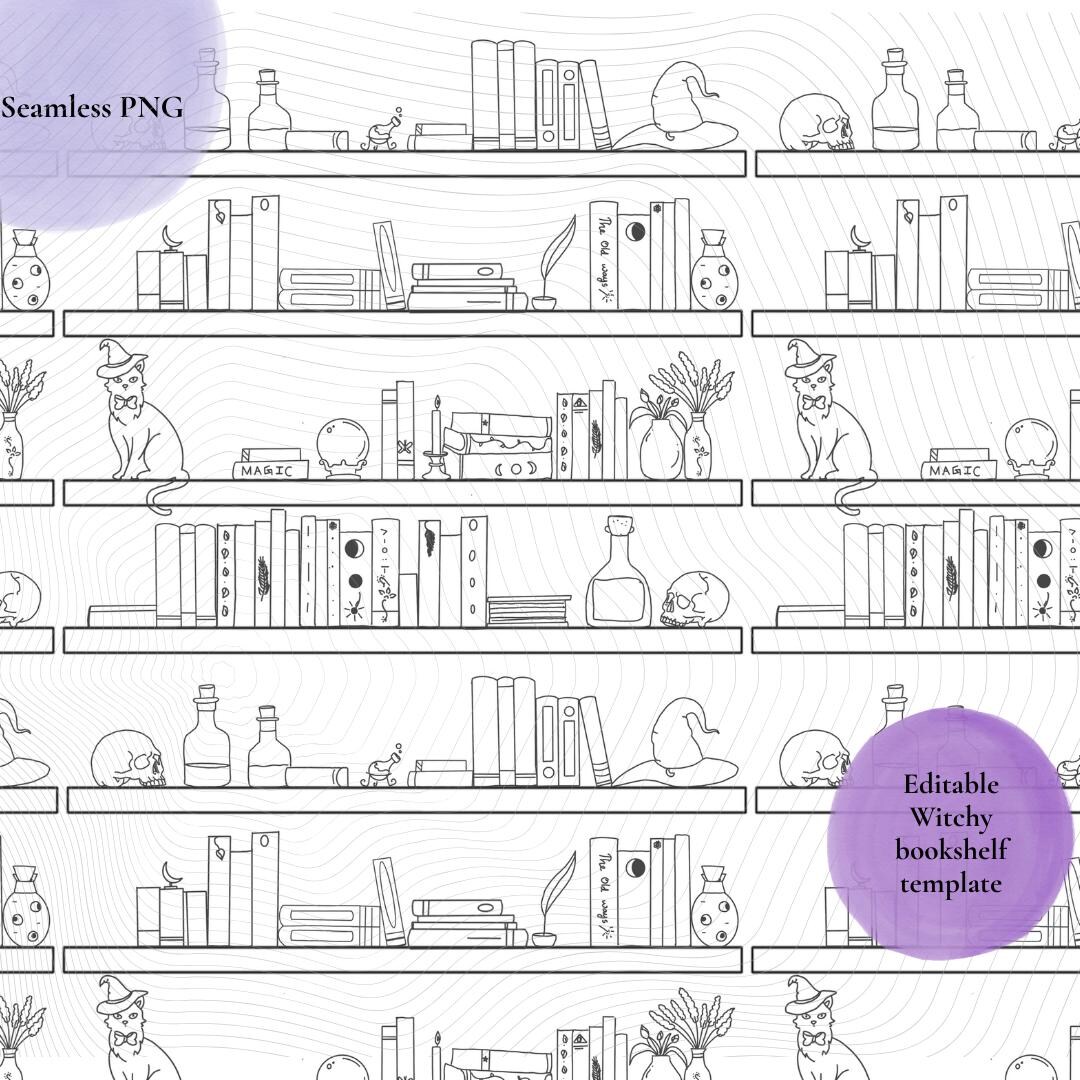 Bookshelf Witchy Seamless Pattern Template: Editable PNG Outline ...