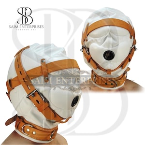 手作りの厳重な革製隔離フード – 完全な感覚遮断を実現する白いフード、ロック可能なバックル付き