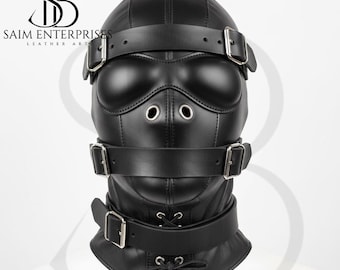 Handmade Full Black Leather Sensory Deprivation Hood with Buckle Straps