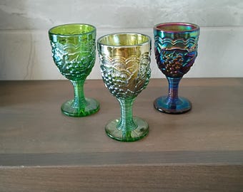 Wine cordials. 3 carnival Glass wine cordials by Imperial Glass Co.