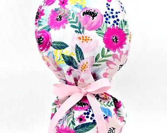 Gorro quirúrgico floral para coleta; gorro quirúrgico con forro de satén y botones; gorro quirúrgico hecho a mano para enfermeras; gorro quirúrgico para cabello largo