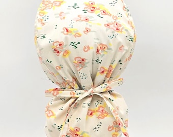 Floral Ponytail Scrub Cap: Cotton Surgical Hat with Satin Lining and Buttons Option