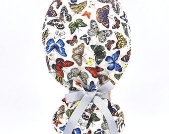 Gorro quirúrgico con cola de caballo y mariposas para mujer; gorro quirúrgico con forro de satén y opción de botones