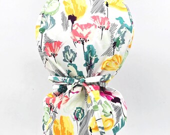 Floral Ponytail Scrub Cap: Cotton Surgical Hat with Satin Lining and Buttons Option