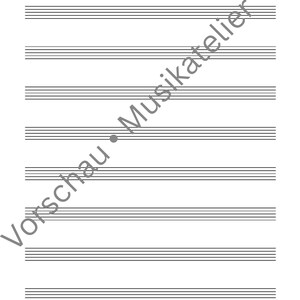 Op de afbeelding: Blanco muziekpapier met horizontale zwarte lijnen, ideaal voor het noteren van muziek. De tekst "Vorschau • Musikatelier" is diagonaal in grijstinten over de pagina gedrukt.