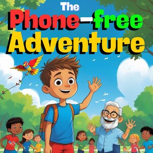May include: A colorful illustration promoting a phone-free adventure. A young boy waves, with a kite and other children in the background. A smartphone lies on the grass. The title reads "The Phone-free Adventure."