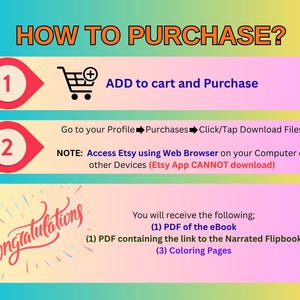 May include: A colorful graphic with instructions on how to purchase a digital product. The text reads "HOW TO PURCHASE?" with numbered steps. Includes a shopping cart icon and the word "Congratulations" in a script font.