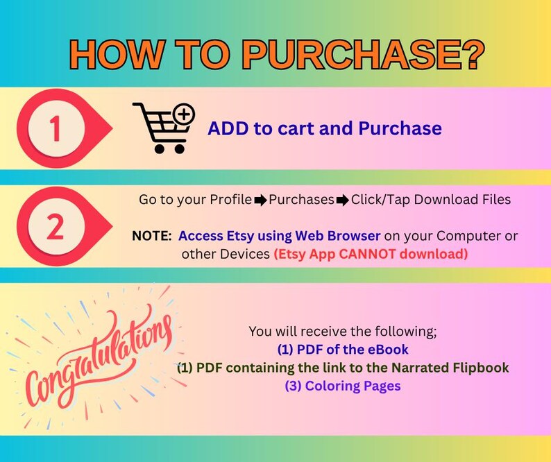 May include: A colorful graphic with instructions on how to purchase a digital product. The text reads "HOW TO PURCHASE?" with numbered steps. Includes a shopping cart icon and the word "Congratulations" in a script font.