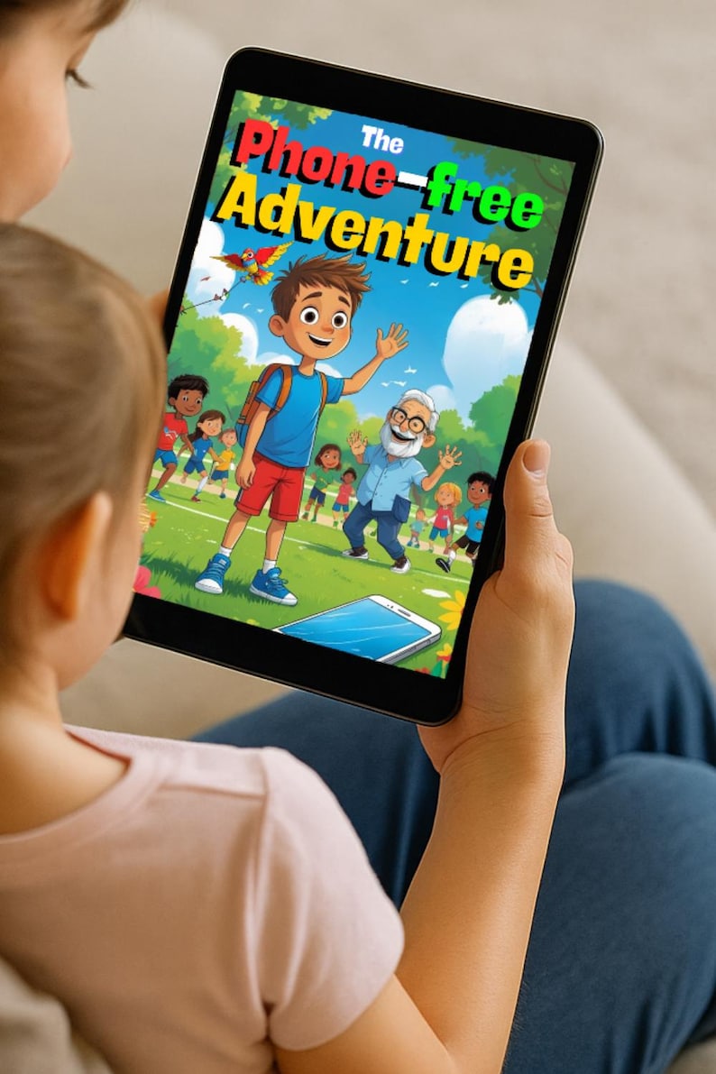 May include: A tablet displaying a colorful illustration from "The Phone-free Adventure." The image shows a cartoon boy waving, with other children and an older man in a park setting. The title text is in bright colors.