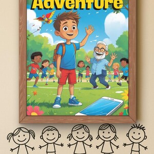 May include: A framed poster titled "The Phone-free Adventure" featuring a cartoon illustration of children playing outdoors. A boy waves, and a smartphone lies on the ground. Stick figure drawings are below the frame.