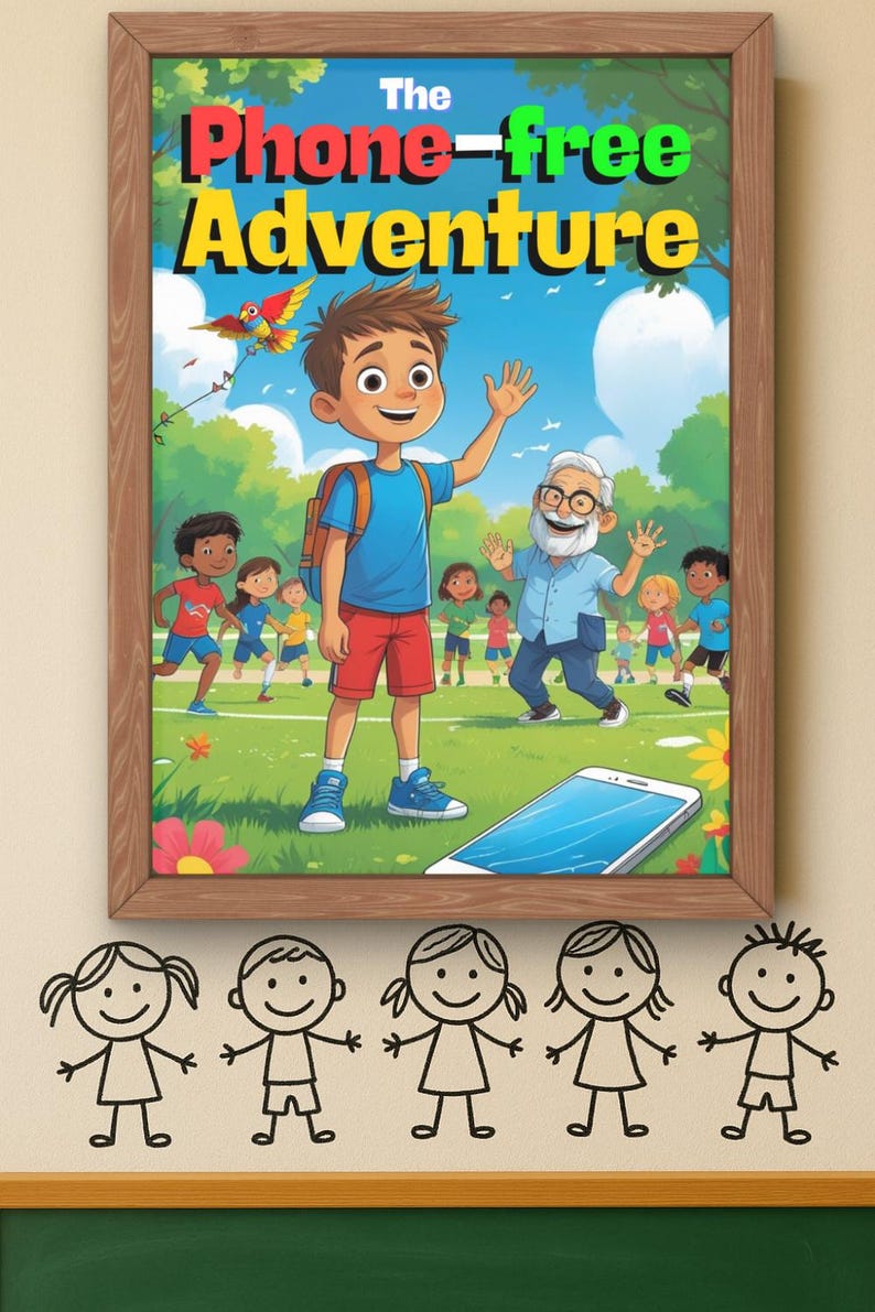 May include: A framed poster titled "The Phone-free Adventure" featuring a cartoon illustration of children playing outdoors. A boy waves, and a smartphone lies on the ground. Stick figure drawings are below the frame.