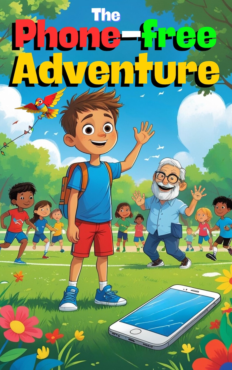 May include: A colorful illustration promoting a phone-free adventure. A young boy waves, with a kite and other children in the background. A smartphone lies on the grass. The title reads "The Phone-free Adventure."