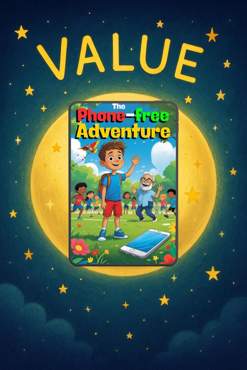 May include: Illustration of a book cover titled "The Phone-free Adventure" with a boy waving, surrounded by other children and an older man. A smartphone is on the ground. The word "VALUE" is above the book, with stars in a night sky.