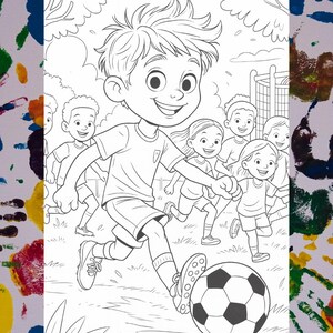 May include: Black and white illustration of a soccer game. A young boy in a soccer uniform is kicking a soccer ball, with other children running behind him. The background shows a soccer net and trees.