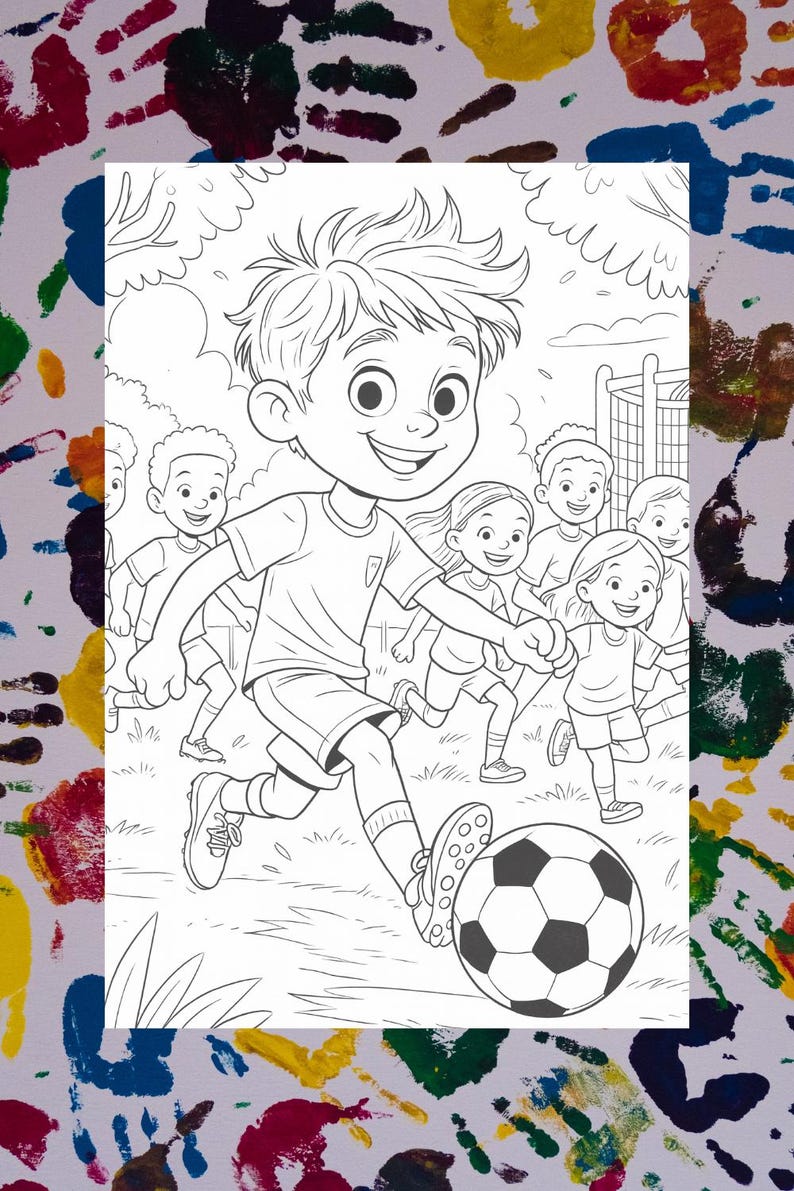 May include: Black and white illustration of a soccer game. A young boy in a soccer uniform is kicking a soccer ball, with other children running behind him. The background shows a soccer net and trees.
