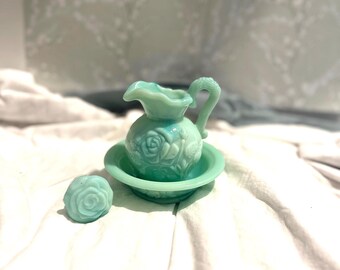 Vintage Avon Antique Jade pitcher with saucer and rose top