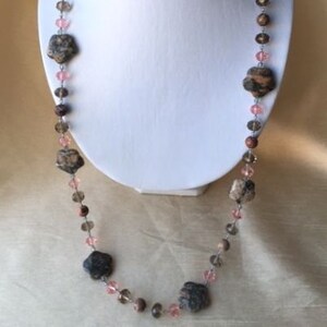 Pink Stone Flowers long Necklace and Earrings Set grey, peach undertones image 2