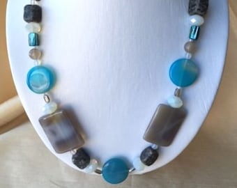 Blue Ice necklace & earrings set - sky blue, grey, white, semi-precious stone, mid-lengh