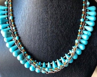 Drops of turquoise howlite necklace & earrings set - ADJUSTABLE, aged bronze metal chain