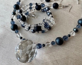 Giant crystal pendant necklace, bracelet & earrings set - big, chunky, sparkly, bluish-grey, charcoal, black