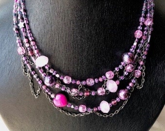 Pink and gun metal chain necklace and earrings set - ADJUSTABLE, fuchsia, bubble gum