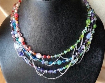 Multicolor triple-strand with silver color metal chain, purple, red, pink, green beads necklace and earrings set - ADJUSTABLE