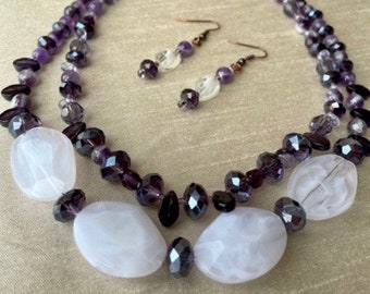 Sweet amethyst necklace & earrings set- white, purple, mauve, amethyst, crystal, glass, resin, double strand