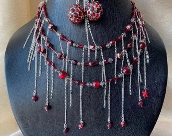 Red Disco Ball Earrings & Necklace Set - ADJUSTABLE, chains, scarlet red, silver, grey, crystal, asymmetrical