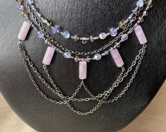 Lavender stones and gun metal chain necklace and earrings set - ADJUSTABLE, purple crystal, grey, glass