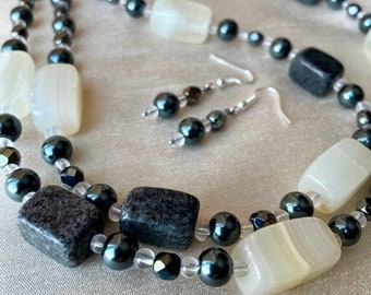 White Stone and grey pearls necklace & earrings set - classic, charcoal grey, off-white, natural stone