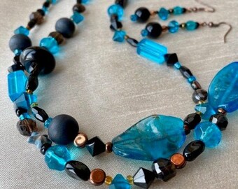 Deconstructed sea blue necklace & earrings set - black, copper, blue, long, smoky quartz